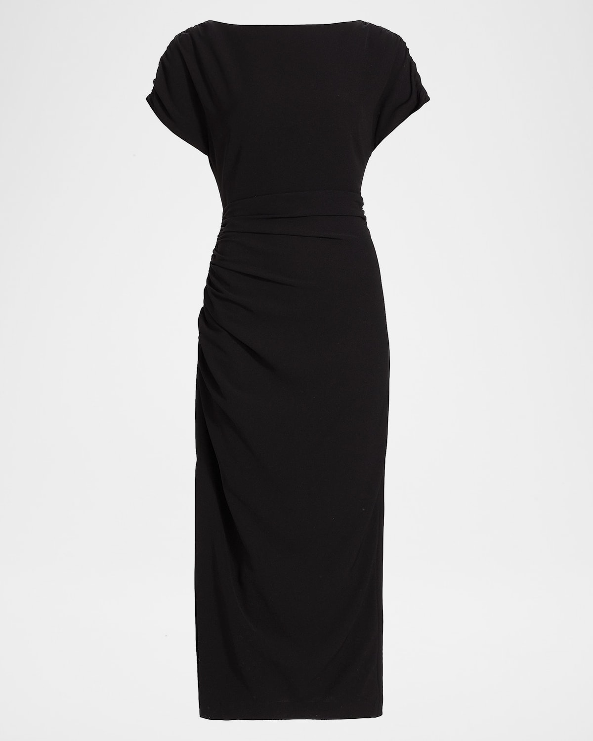 Lela Rose High-neck Short-sleeve Ruched Midi Dress In Blue