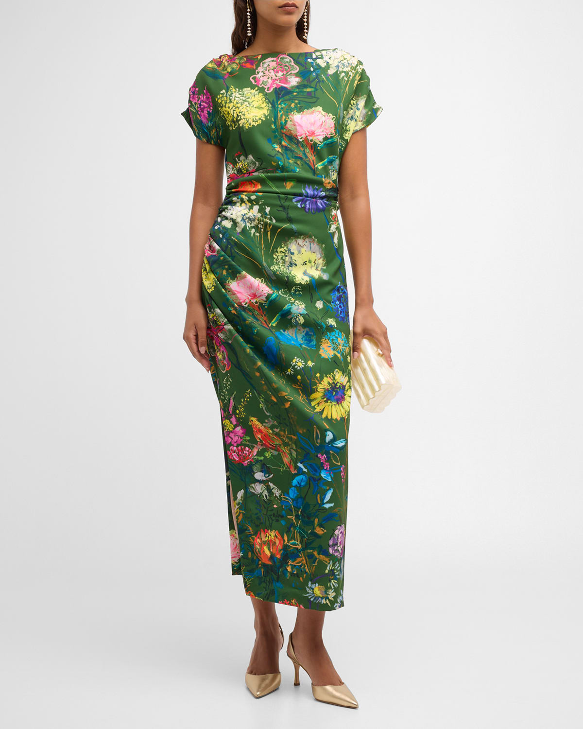 Lela Rose Floral-print Ruched Short-sleeve Midi Dress In Moss