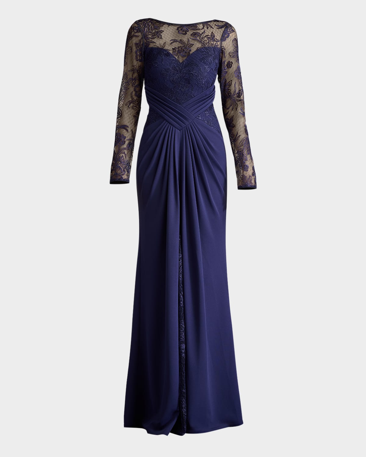 Tadashi Shoji Floral Embroidery Long Sleeve Mixed Media Gown In Notte