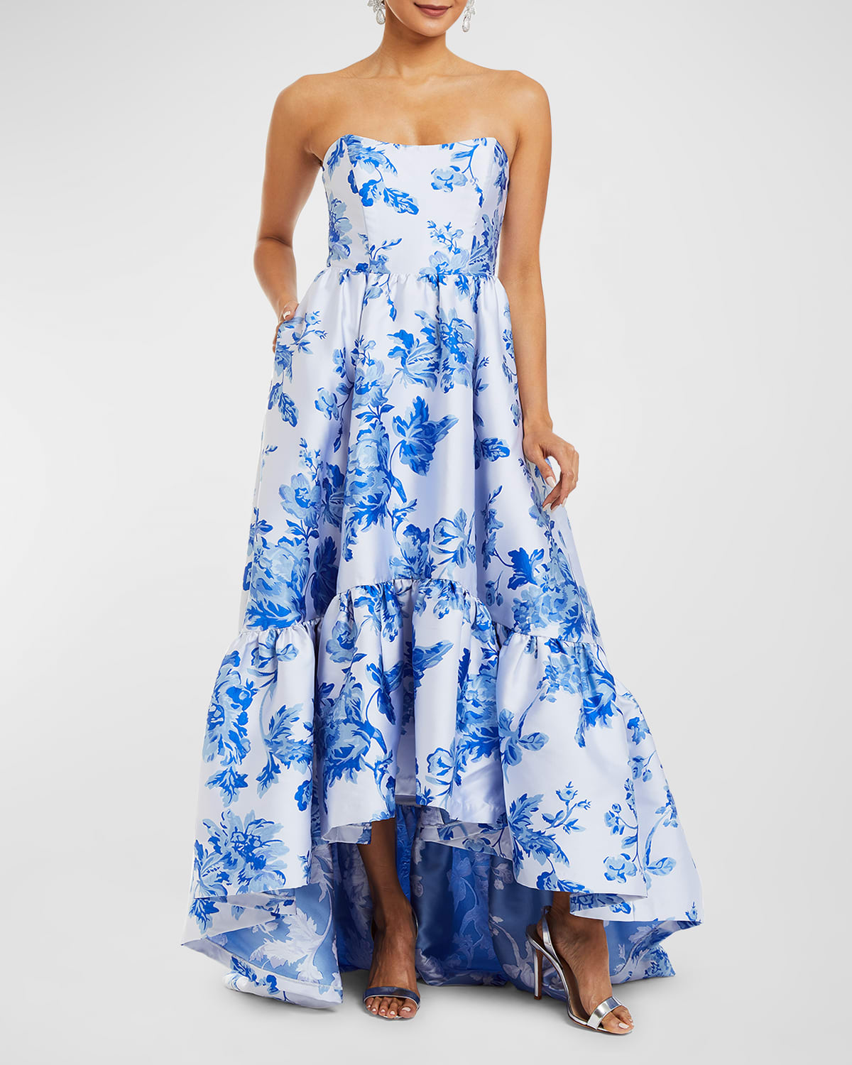 Georgiana Strapless Floral-Print High-Low Gown