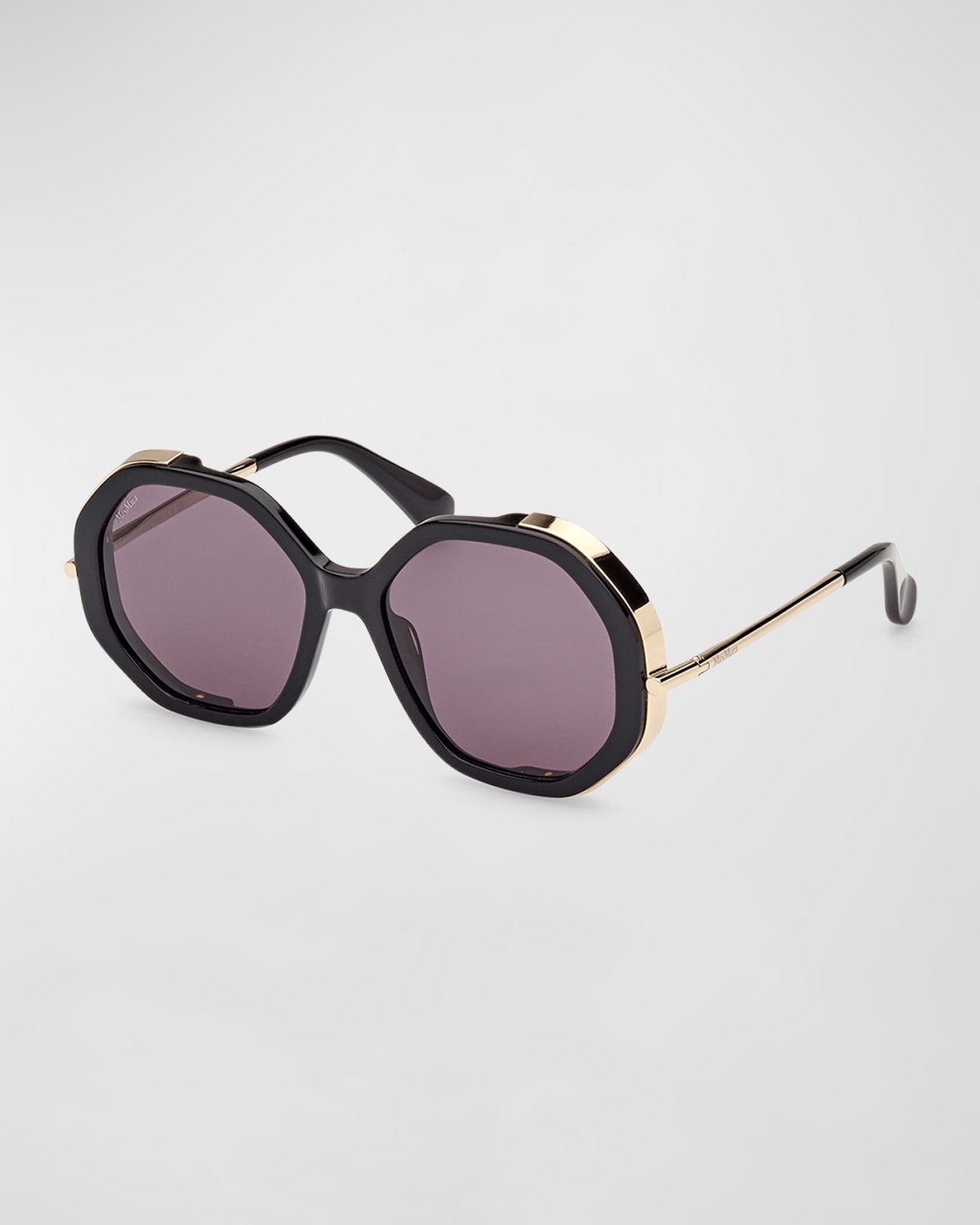 Shop Max Mara Liz Double Rimmed Mixed-media Round Sunglasses In Shiny Black Smoke