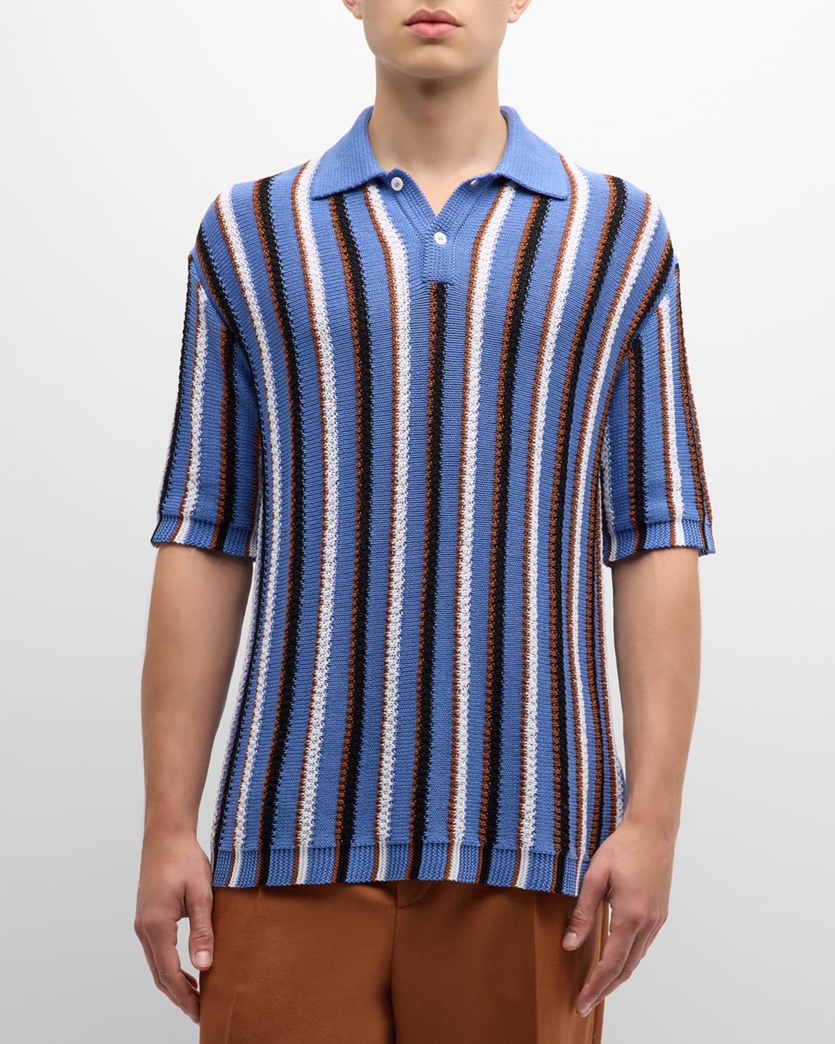 Shop Marni Men's Vertical Striped Knit Polo Shirt In Powder/blu