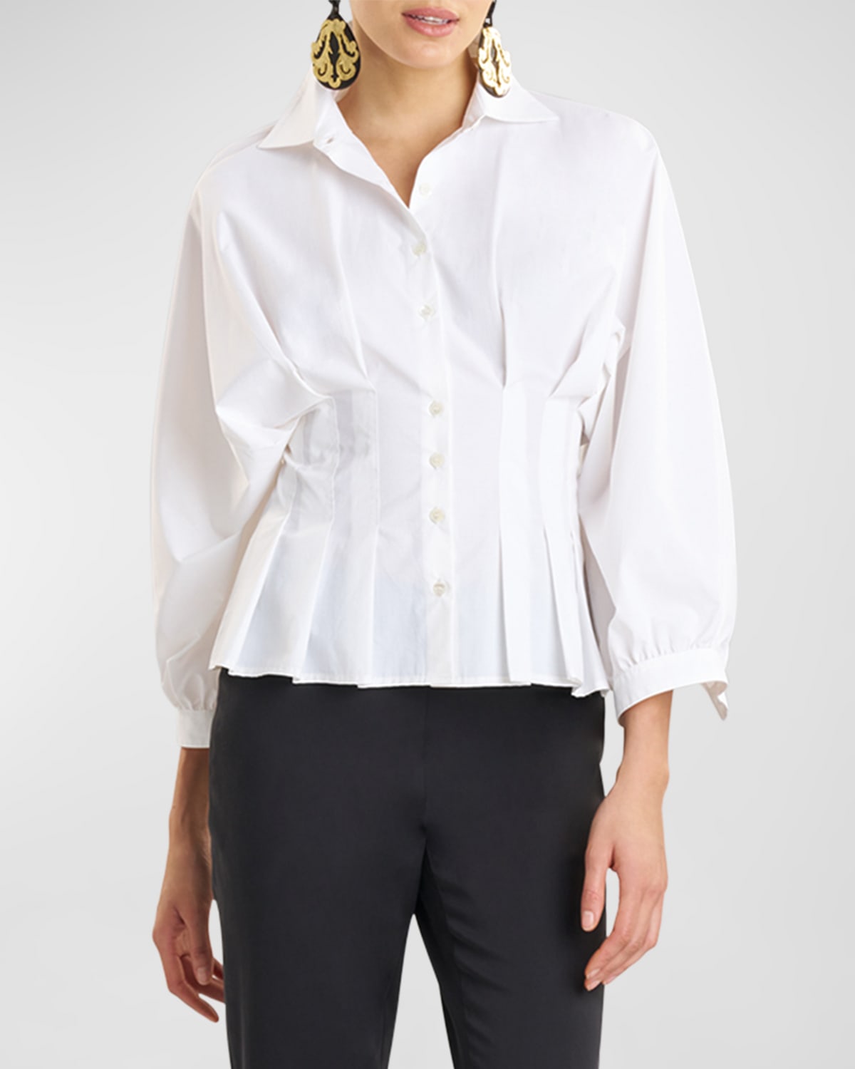 Shop Natori Pleated Peplum Techno Poplin Shirt In White