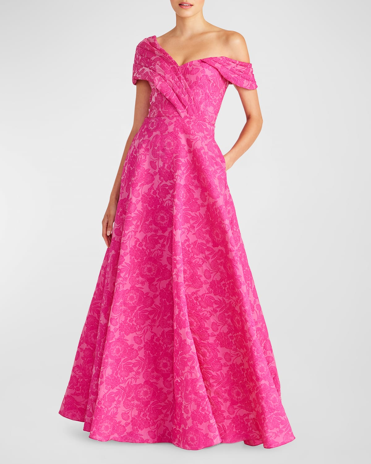 Theia Marlene One-shoulder Floral Jacquard Gown In Passionfruit