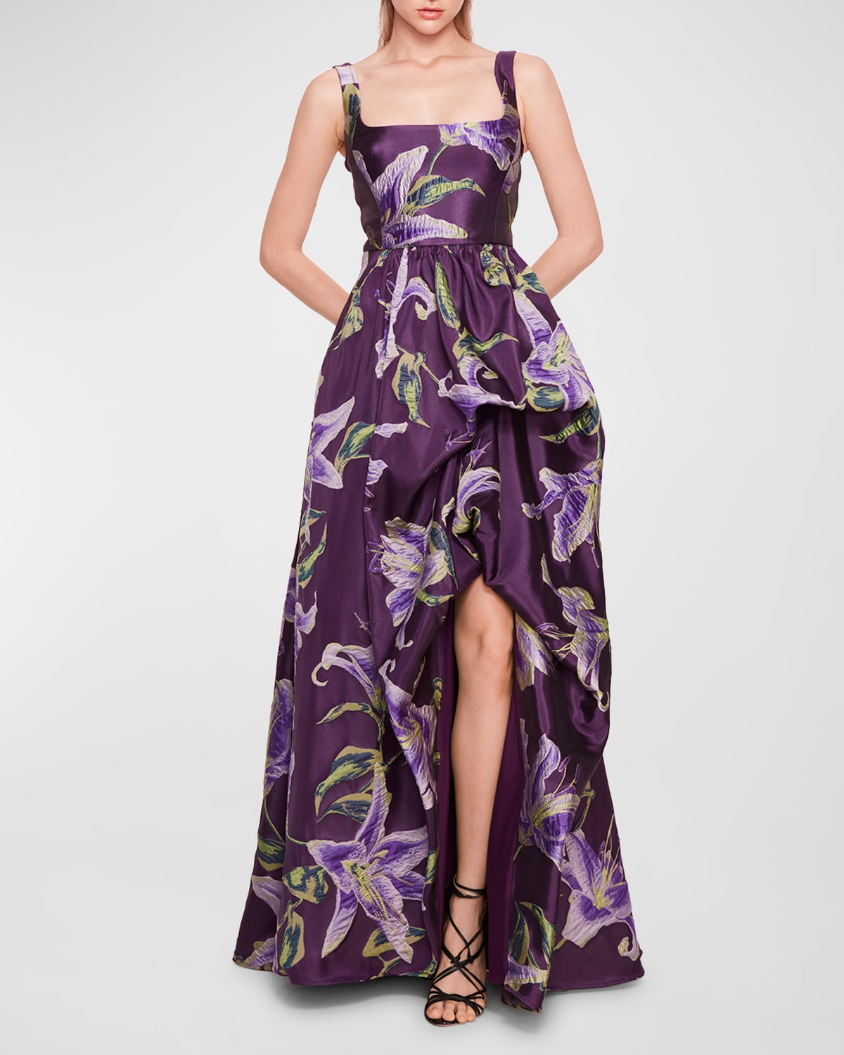 Shop Marchesa Notte Square-neck High-low Floral Jacquard Gown In Purple