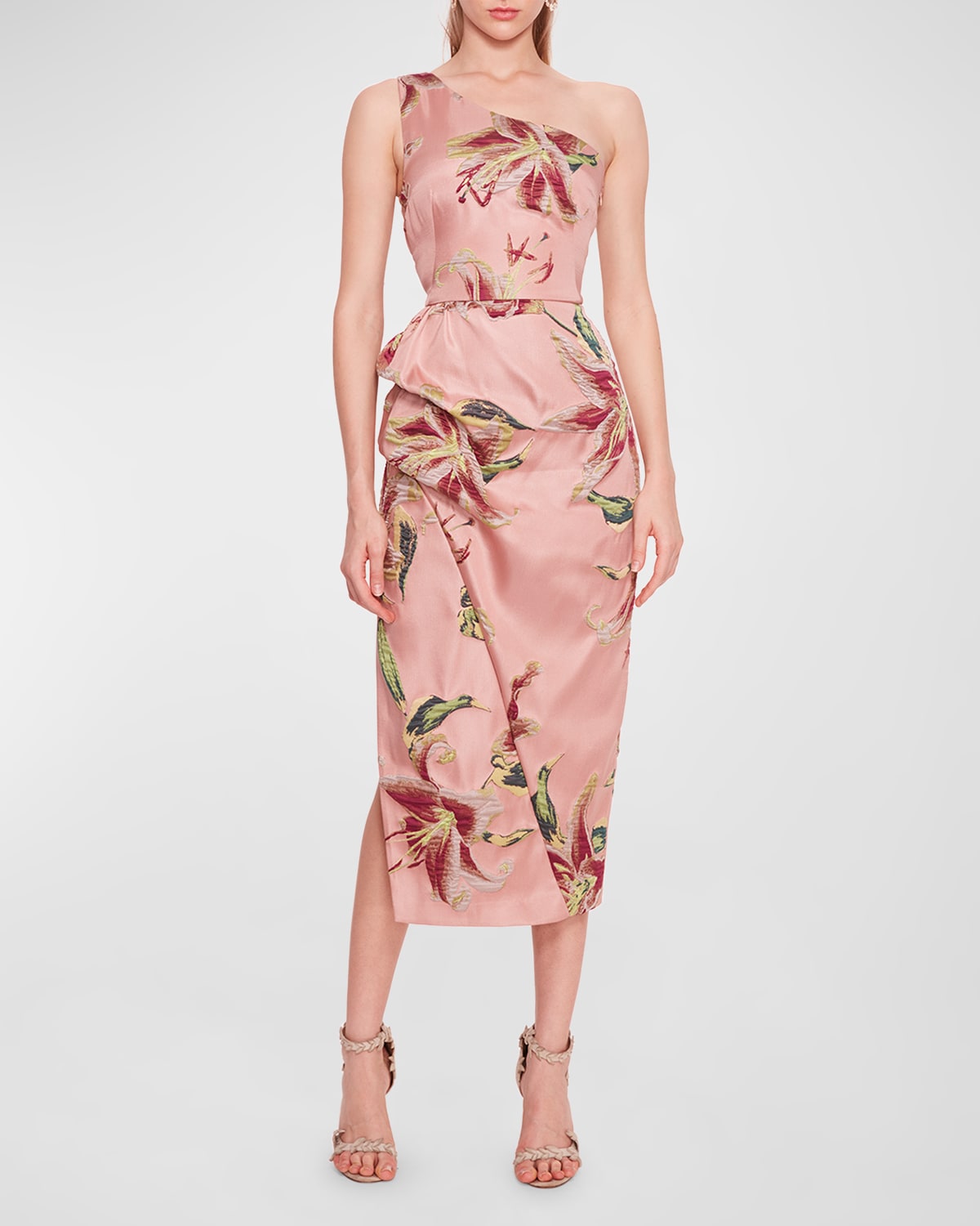 Marchesa Notte Draped One-shoulder Floral Jacquard Midi Dress In Pink