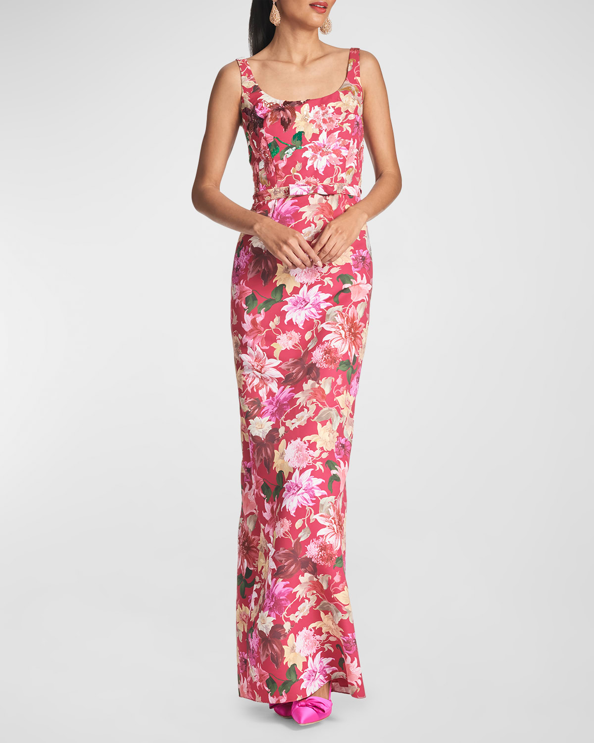 Shop Sachin & Babi Lana Sleeveless Floral-print Column Gown In Deeppinkdahlia