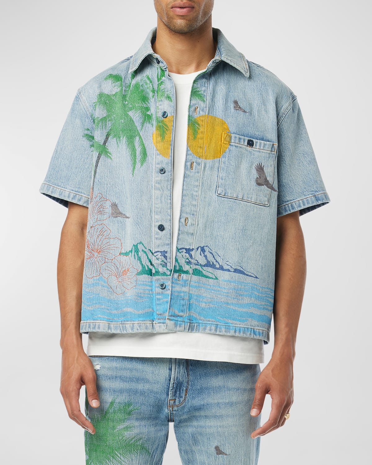 Shop Hudson Men's Palm Embroidered Denim Camp Shirt In Indigo Palm