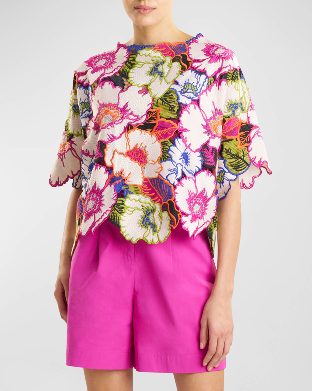 Cote d'Azur Floral-Embroidered Lace Top