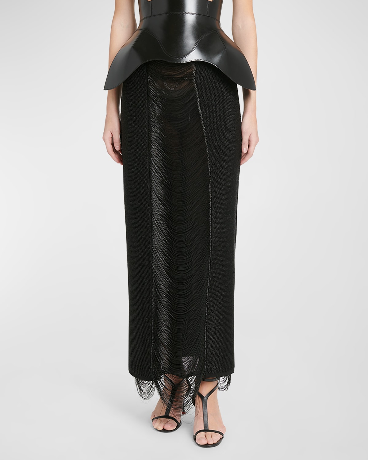 Alexander Mcqueen Ladder Fringe Pencil Maxi Skirt In Black