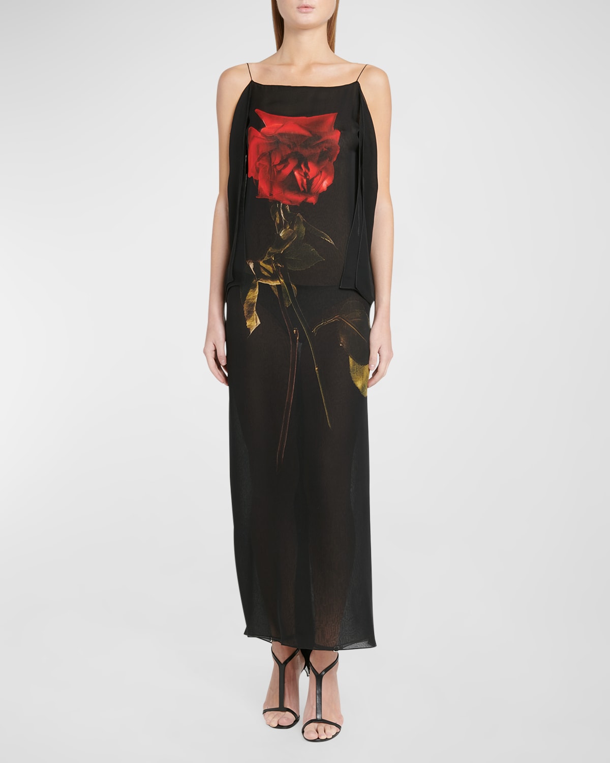 Shop Alexander Mcqueen Chiffon Shadow Maxi Dress With Rose Print Detail In Black