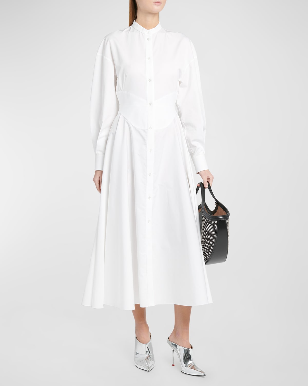 Shop Alexander Mcqueen Poplin Midi Shirtdress With Corset Detail In White