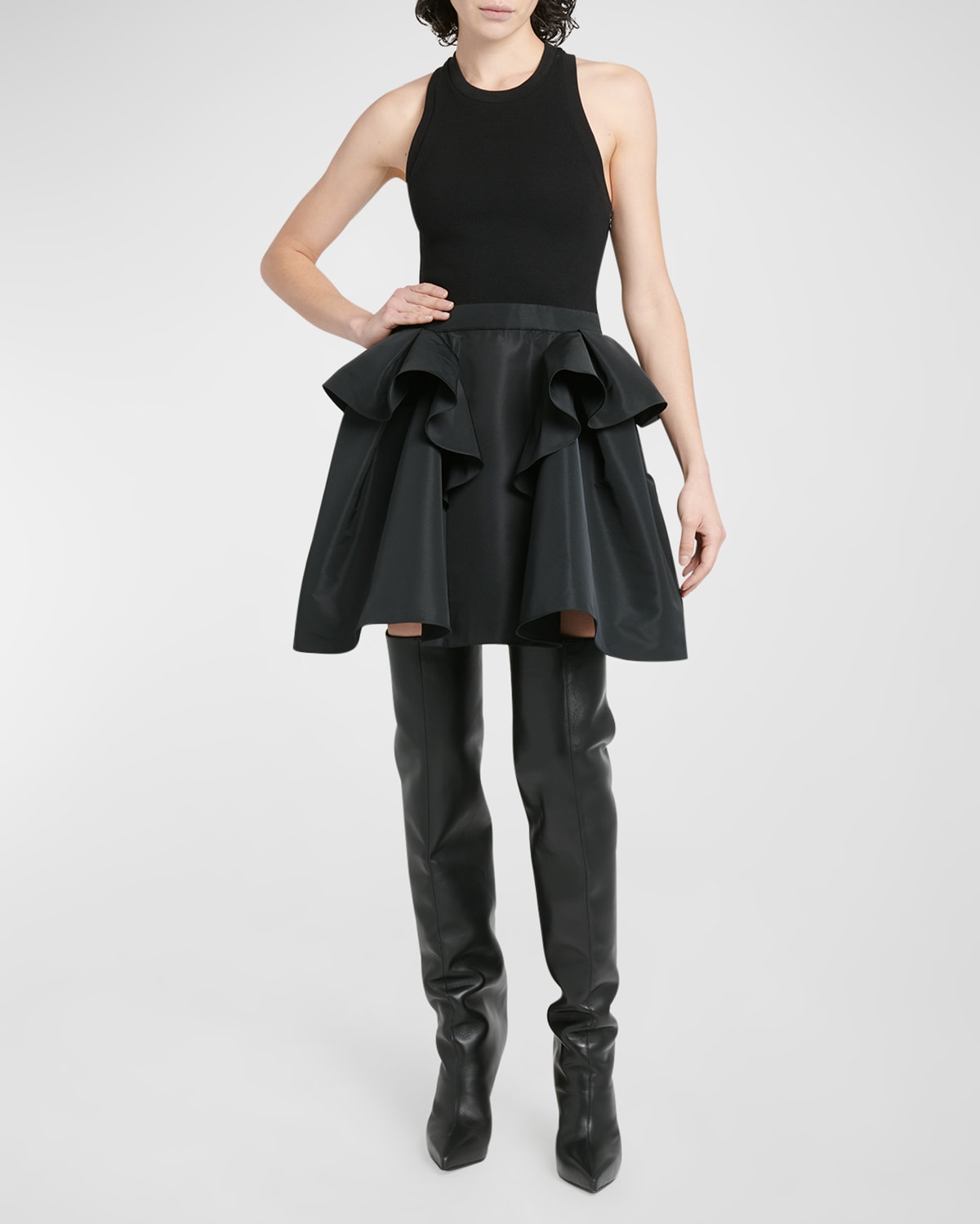 Shop Alexander Mcqueen Knit Tank Mini Dress With Faille Peplum Skirt In Black