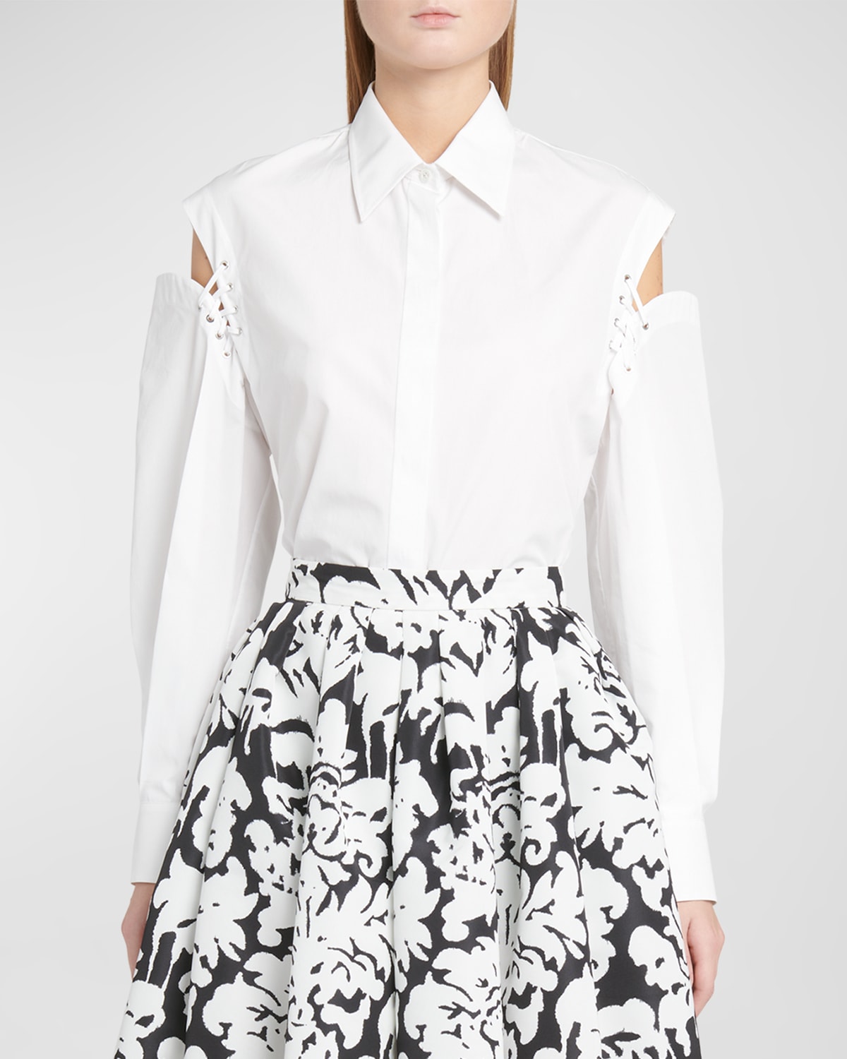 Shop Alexander Mcqueen Button-front Blouse With Lace-up Sleeve Details In White