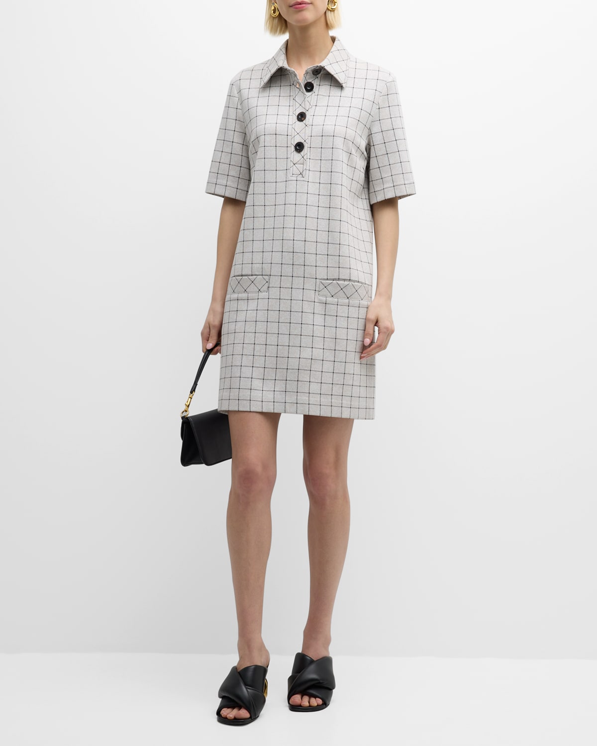 Short-Sleeve Windowpane Check Double Knit Mini Polo Dress