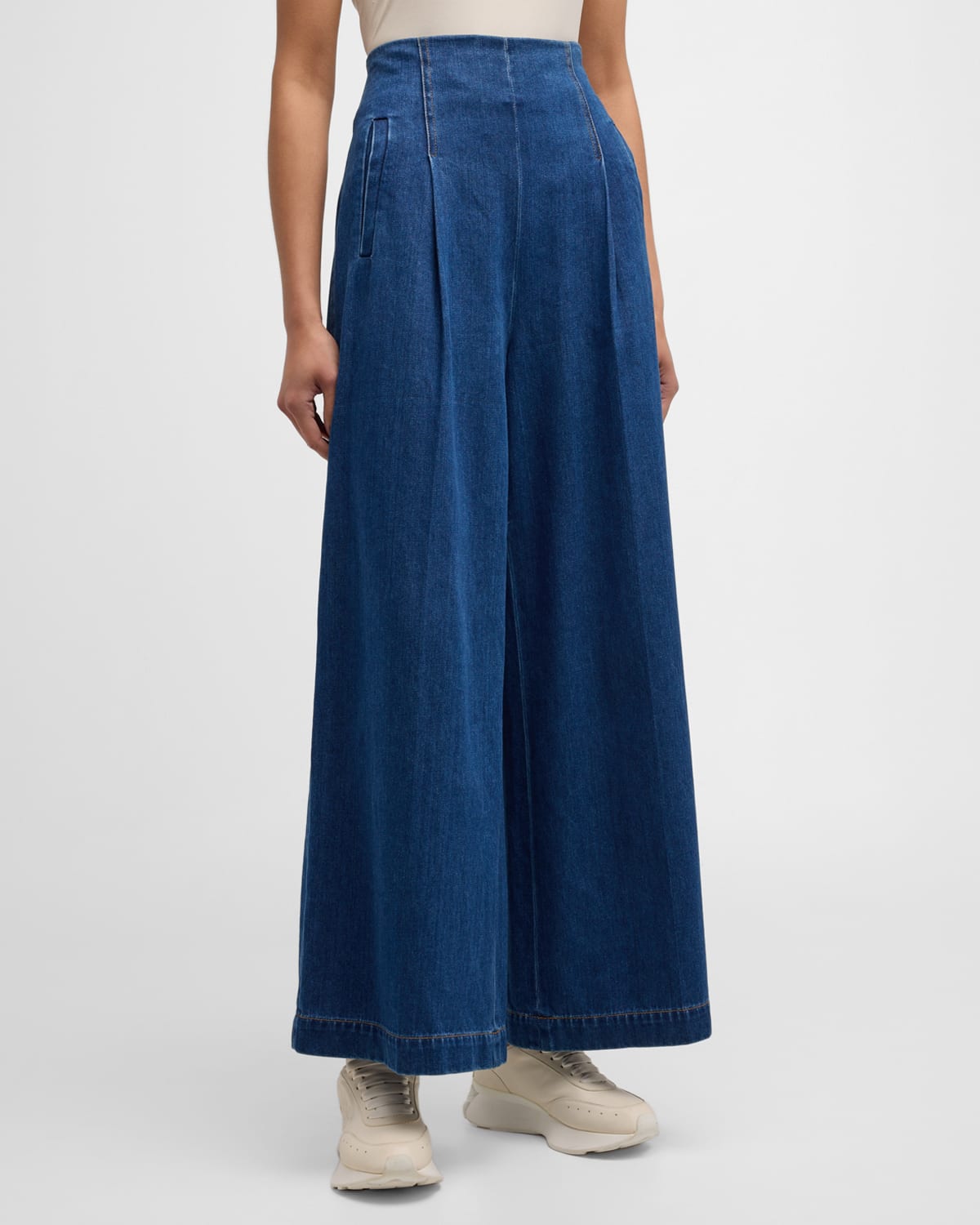 Rosetta Getty High-rise Pleated Wide-leg Ankle Trousers In Blue