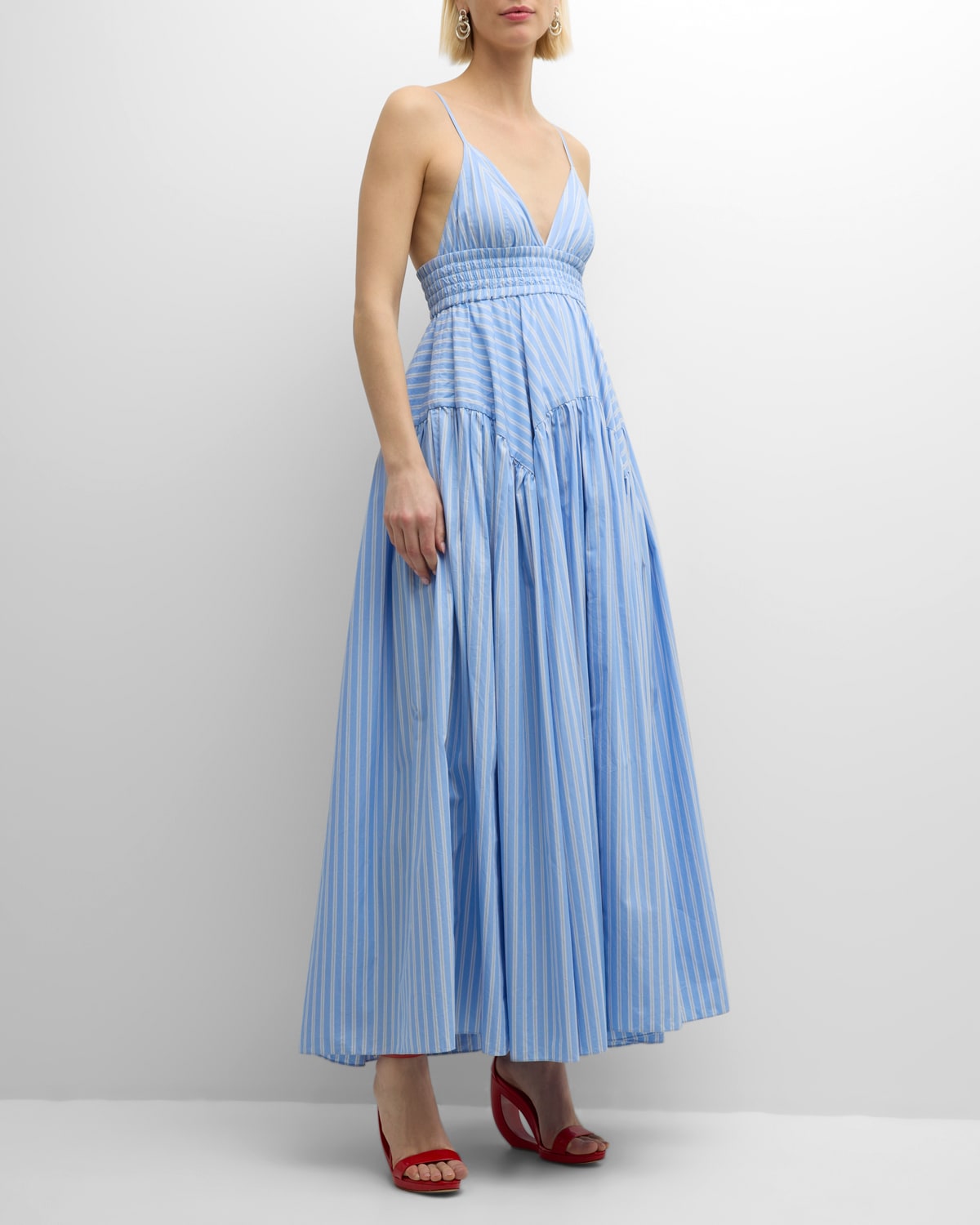 Shop Rosetta Getty Striped Sleeveless Gathered Peplum Maxi Camisole Dress In Sky