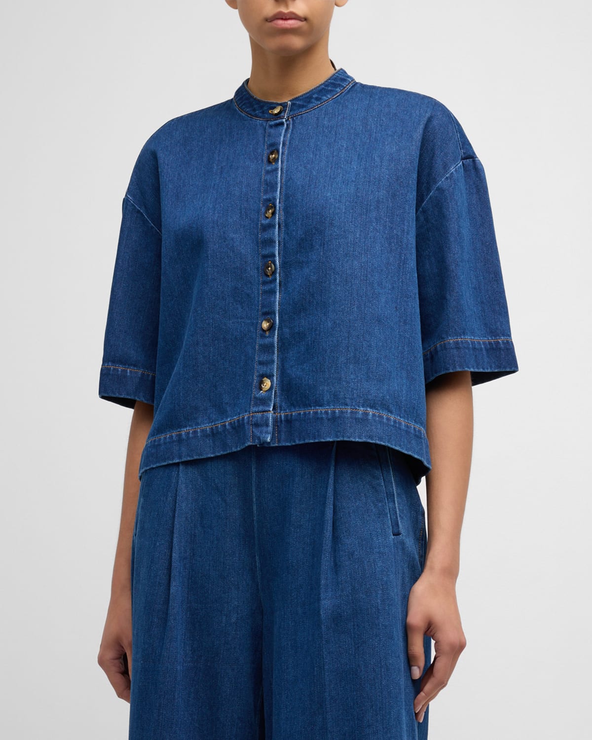 Shop Rosetta Getty Short-sleeve Crop Oversized Denim Shirt In Blue