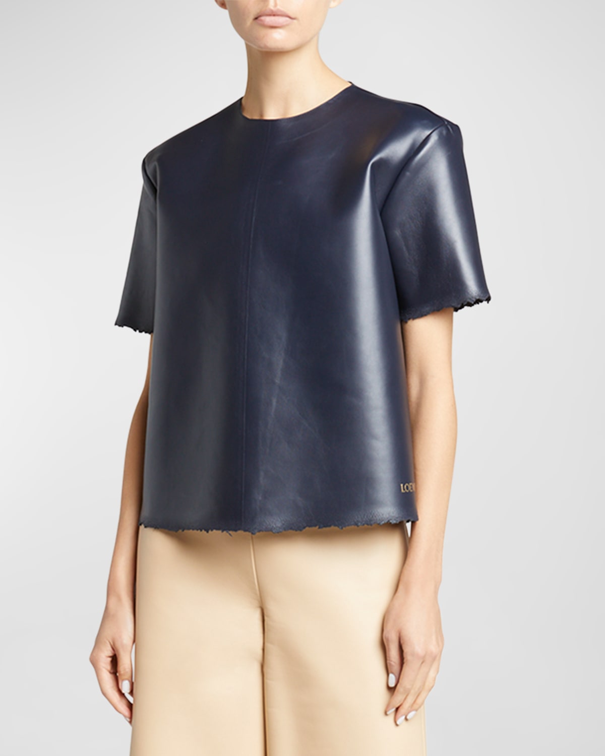 Shop Loewe Distressed Leather Short-sleeve Boxy T-shirt In Navy Blue