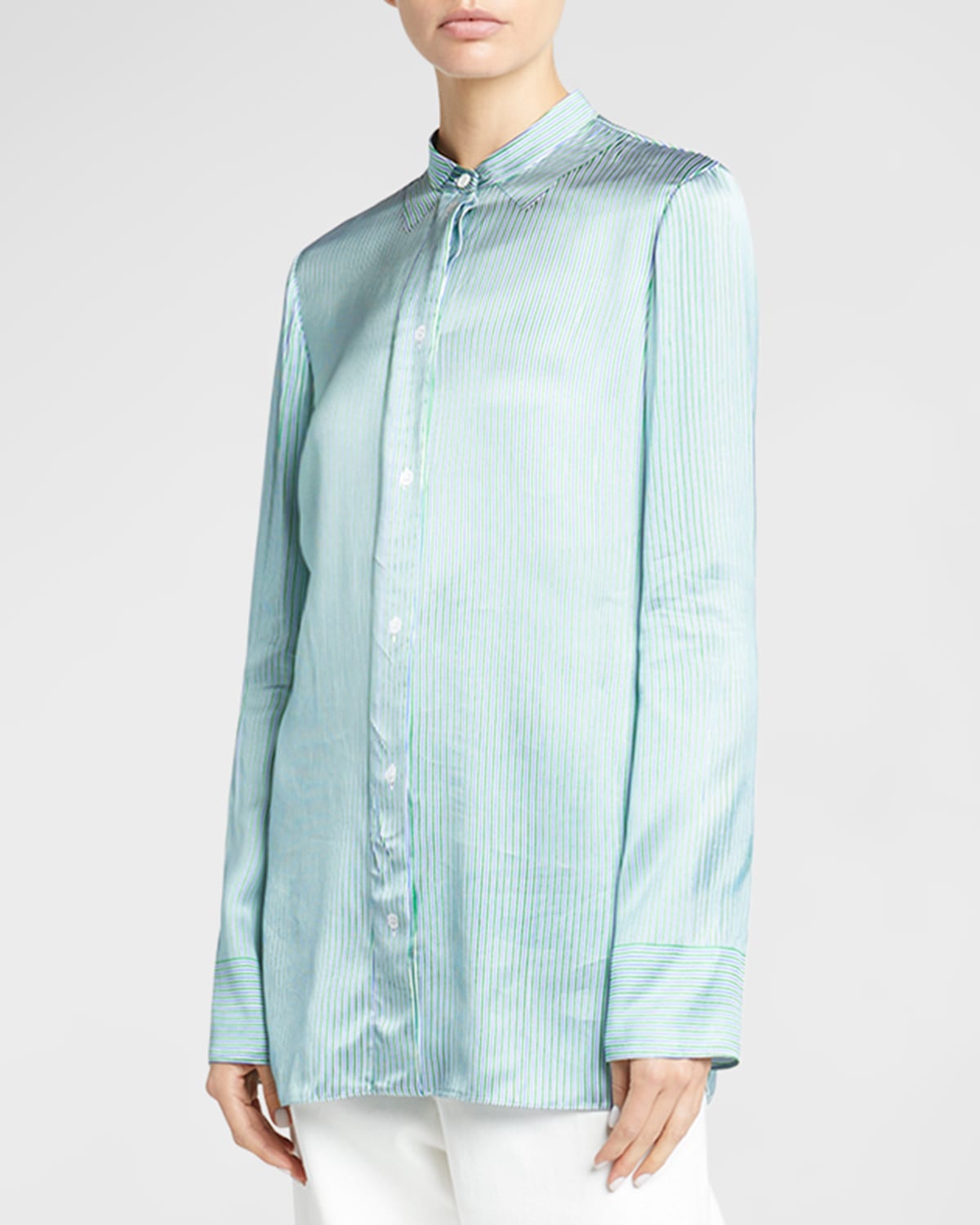 Shop Loewe Striped Sewn-in Collared Satin Shirt In Greenblue