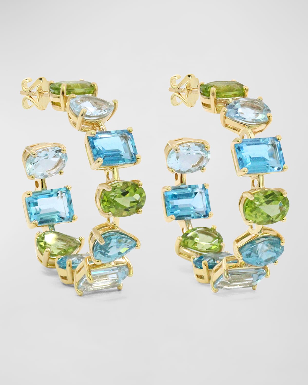 18K Yellow Gold Blue Topaz, Aquamarine and Peridot Hoop Earrings