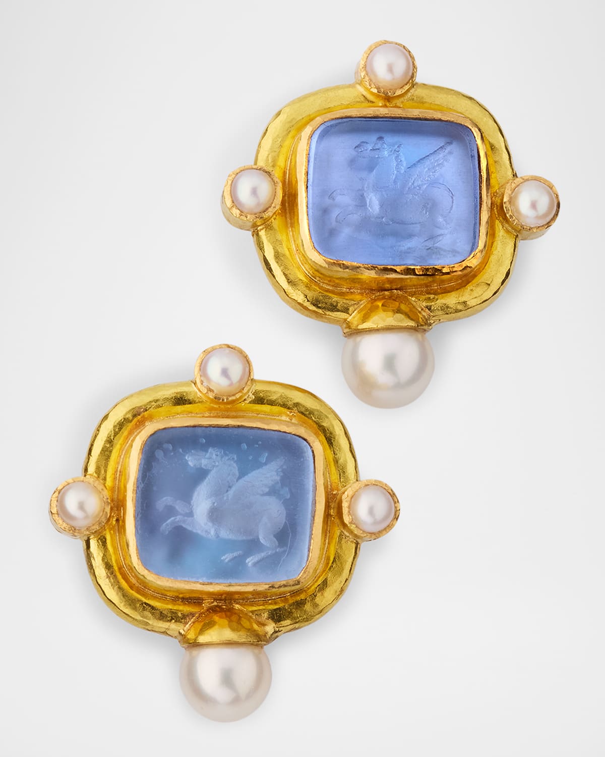 19K Yellow Gold Venetian Glass Intaglio Square Pegasus Earrings with Pearls