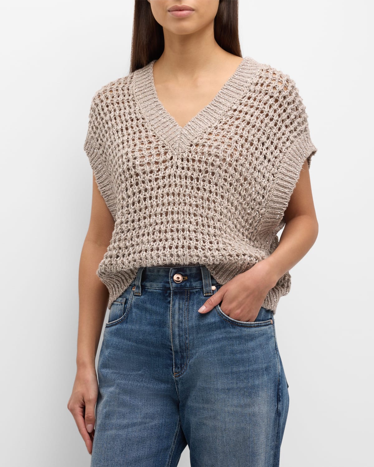 Shop Brunello Cucinelli Silk Linen Diamond Net Knit Sweater In C9593 Quarzo