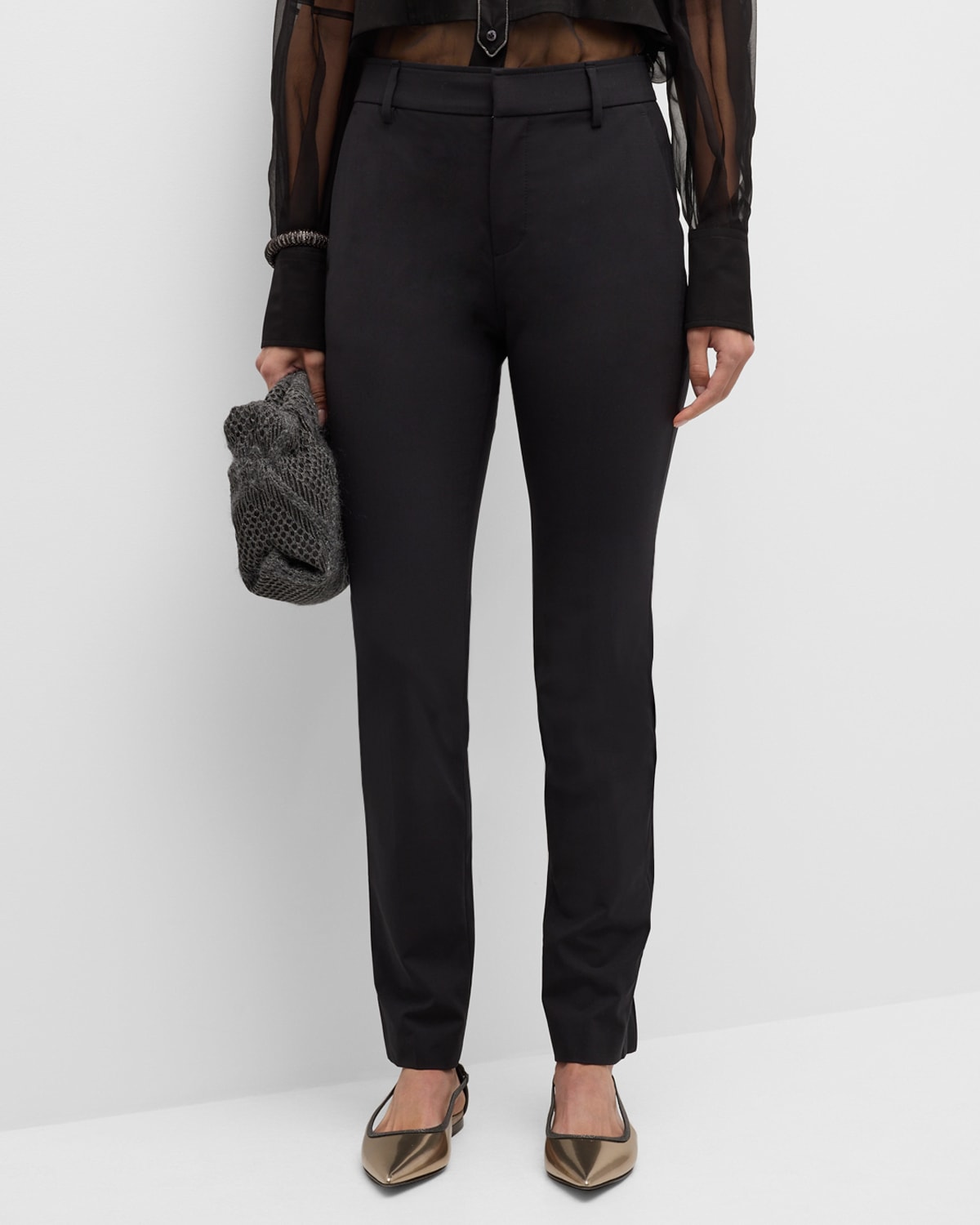 Shop Brunello Cucinelli Tropical Wool Straight-leg Tailored Trousers With Slit In C101 Black