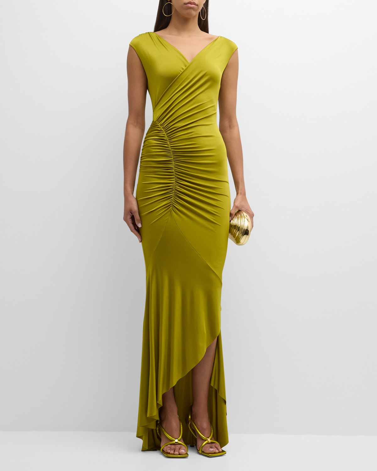Chiara Boni La Petite Robe Iceland Ruched High-low Column Gown In Golden Green