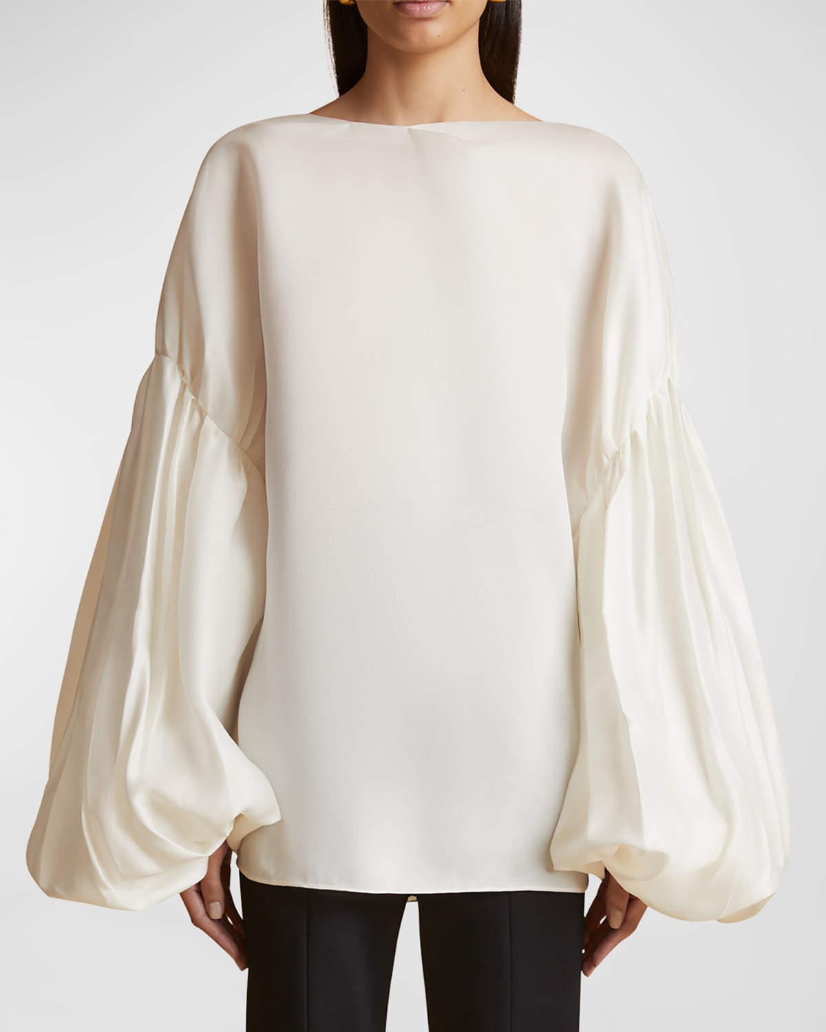 Shop Khaite Quico Balloon-sleeve Oversized Silk Blouse In Chalk