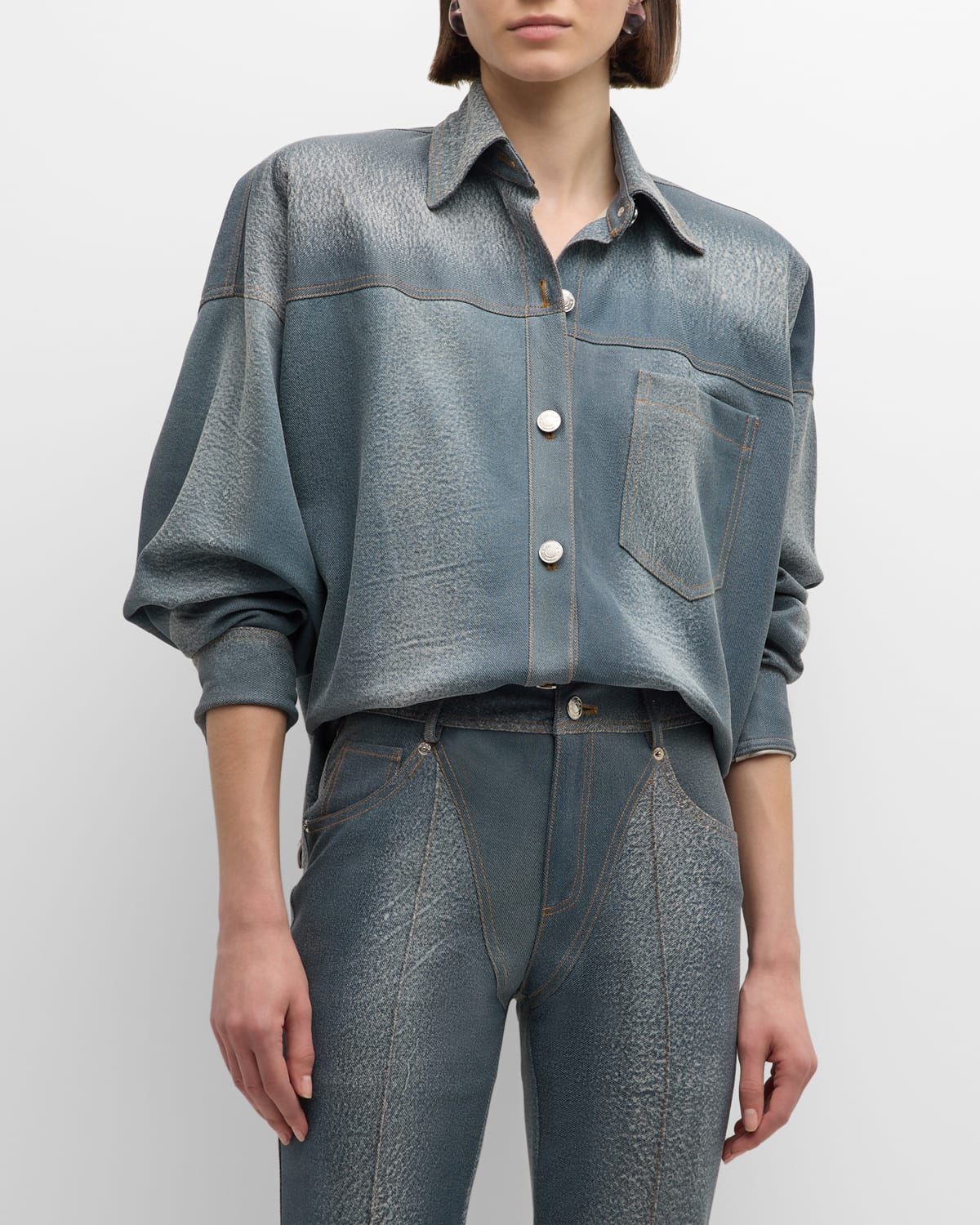 Denim-Printed Leather Oversized Button-Down Shirt