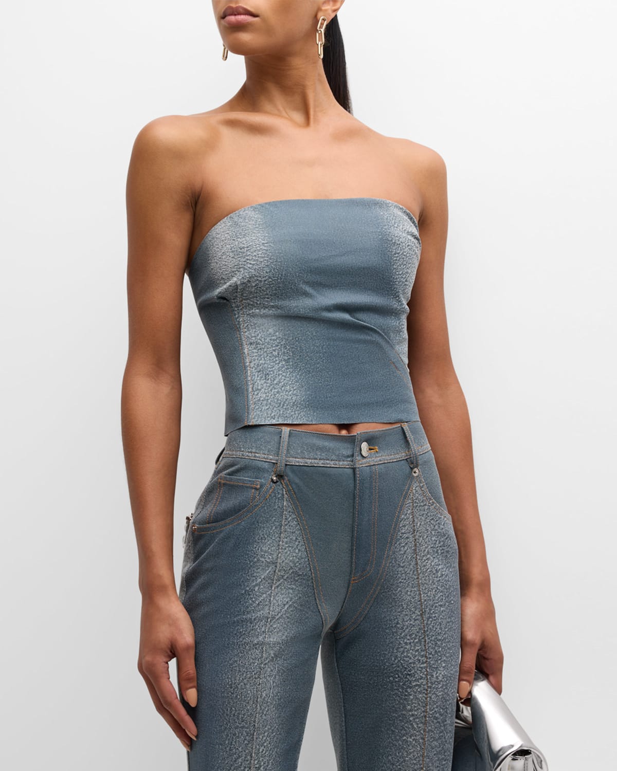 Denim-Printed Leather Strapless Crop Bustier Top