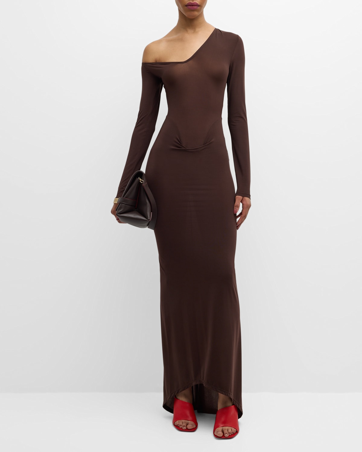 Shop Laquan Smith Convertible-neck Long-sleeve Drop-waist Gown In Chocolate