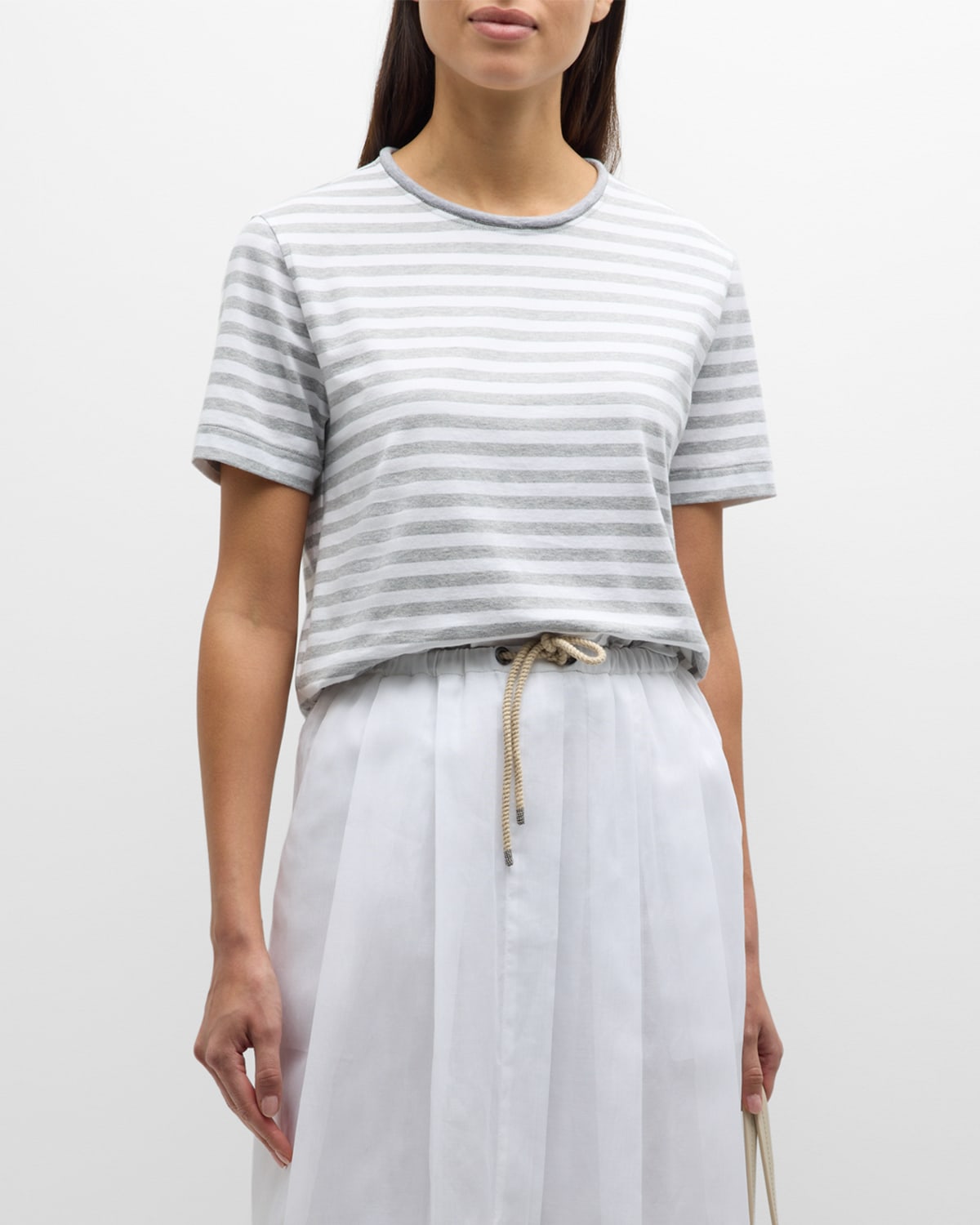 Shop Brunello Cucinelli Monili Trim Striped Cotton Jersey Short-sleeve T-shirt In C7021 Pearl