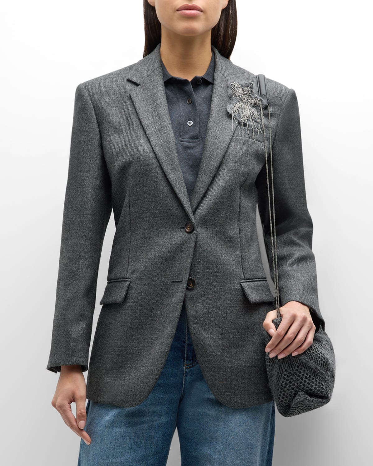 Brunello Cucinelli Monili Floral Crest Single-breasted Canvas Wool Jacket In Gray