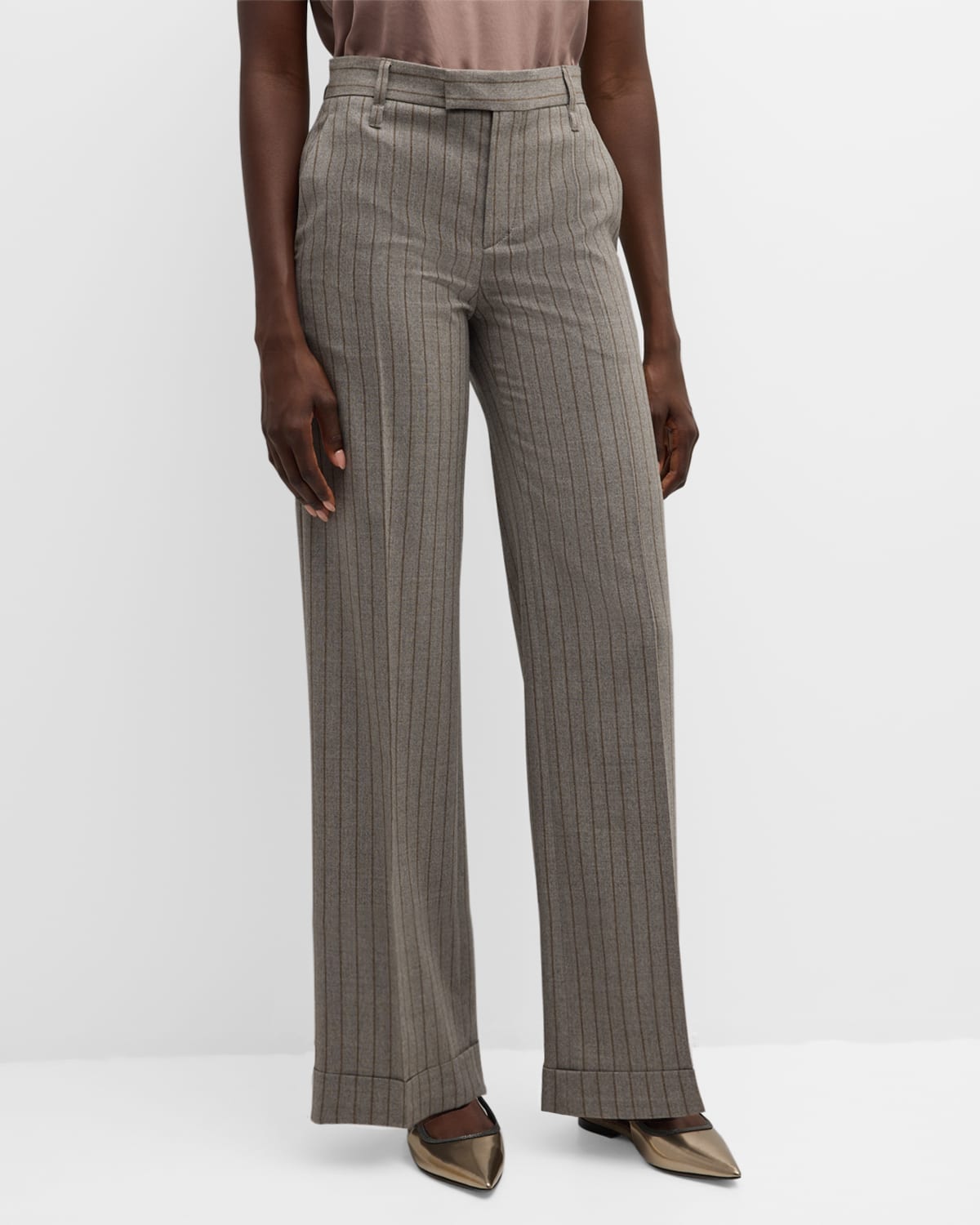 Pinstripe Wool Wide Flared Pants With Cuffs