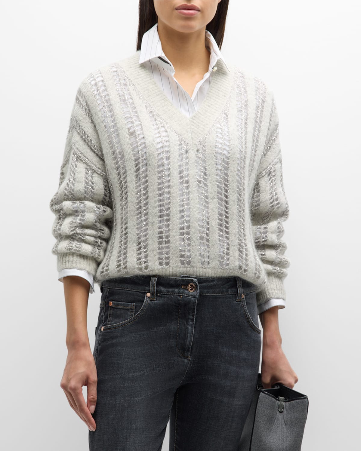 Brunello Cucinelli Mohair Wool Lattice Knit Sweater With Paillette Detail In Cxl37 Pearl Grey