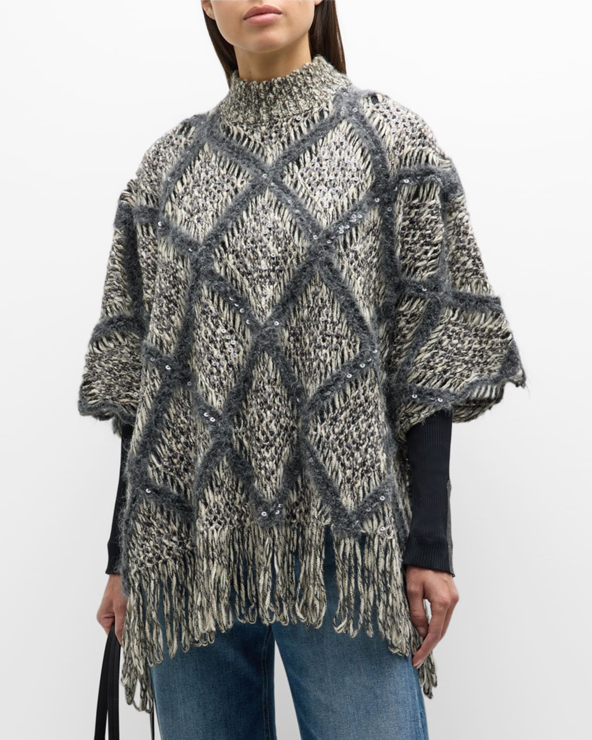 Brunello Cucinelli Macro Argyle Wool Couture Poncho In Brown