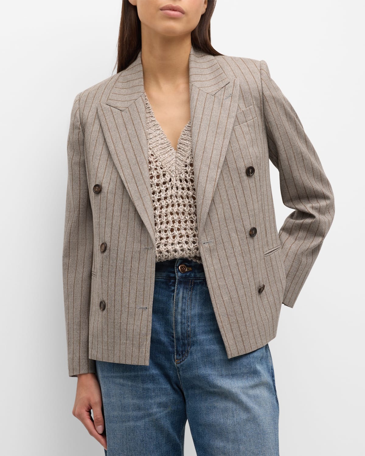 Shop Brunello Cucinelli Pinstripe Wool Double-breasted Jacket In C001 Tabacco