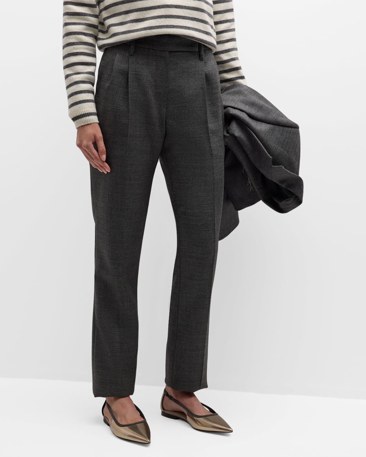Brunello Cucinelli Pleated Canvas Wool Straight Cigarette Pants With Monili Belt Loop In Blue