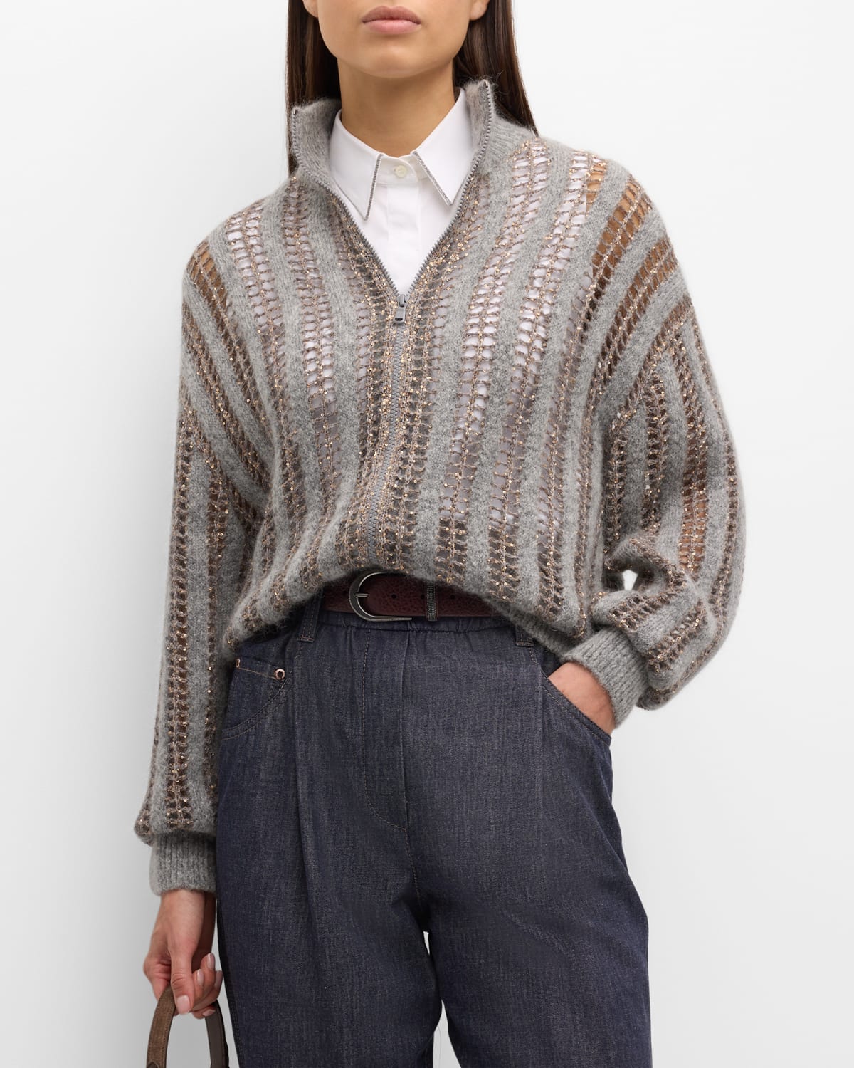 Shop Brunello Cucinelli Mohair Wool Lattice Knit Zip-up Cardigan With Paillette Detail In Cyt56 Medium Grey