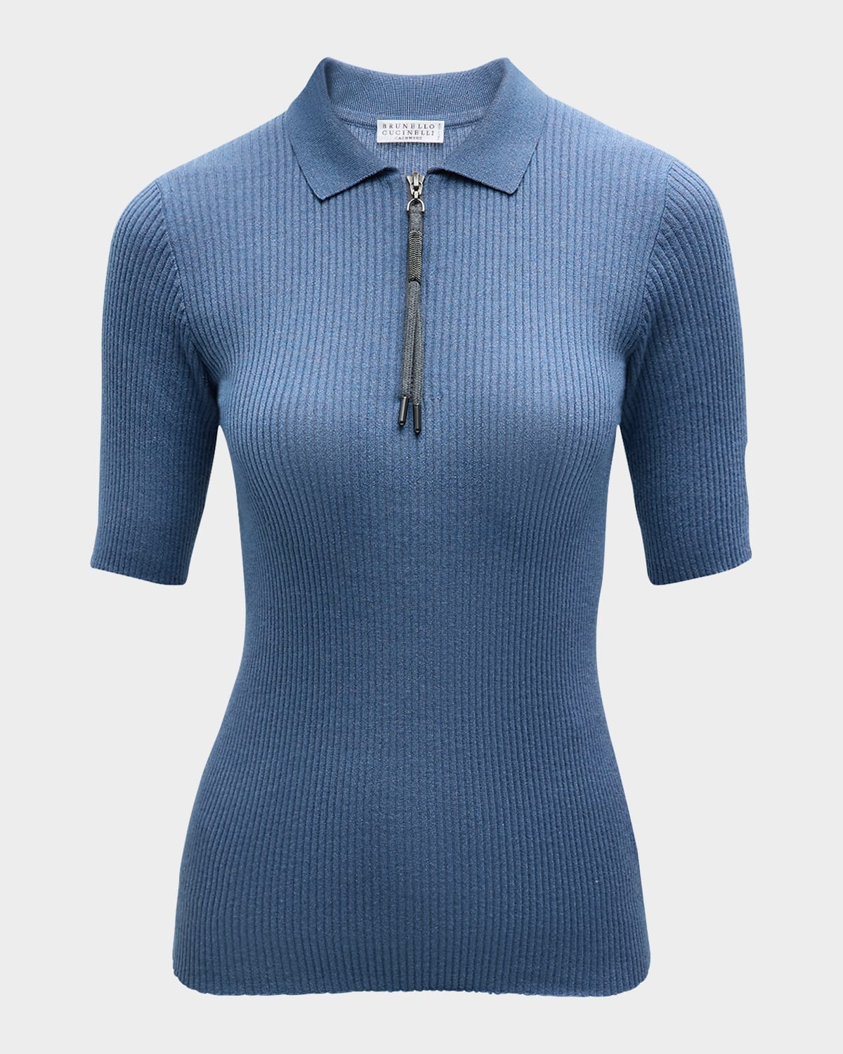 Brunello Cucinelli Ribbed Cashmere-blend Polo Top With Monili Pull In C067 Desert