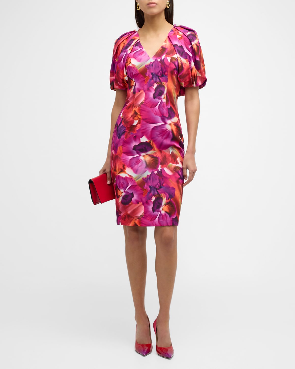 Shop Badgley Mischka Floral-print Blouson-sleeve Bodycon Midi Dress In Purple Multi
