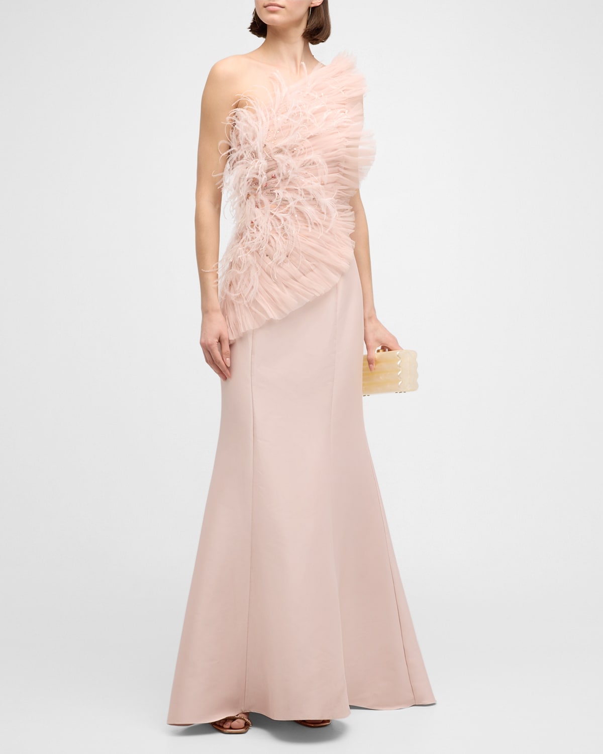 BADGLEY MISCHKA STRAPLESS FEATHER-EMBELLISHED RUFFLE GOWN
