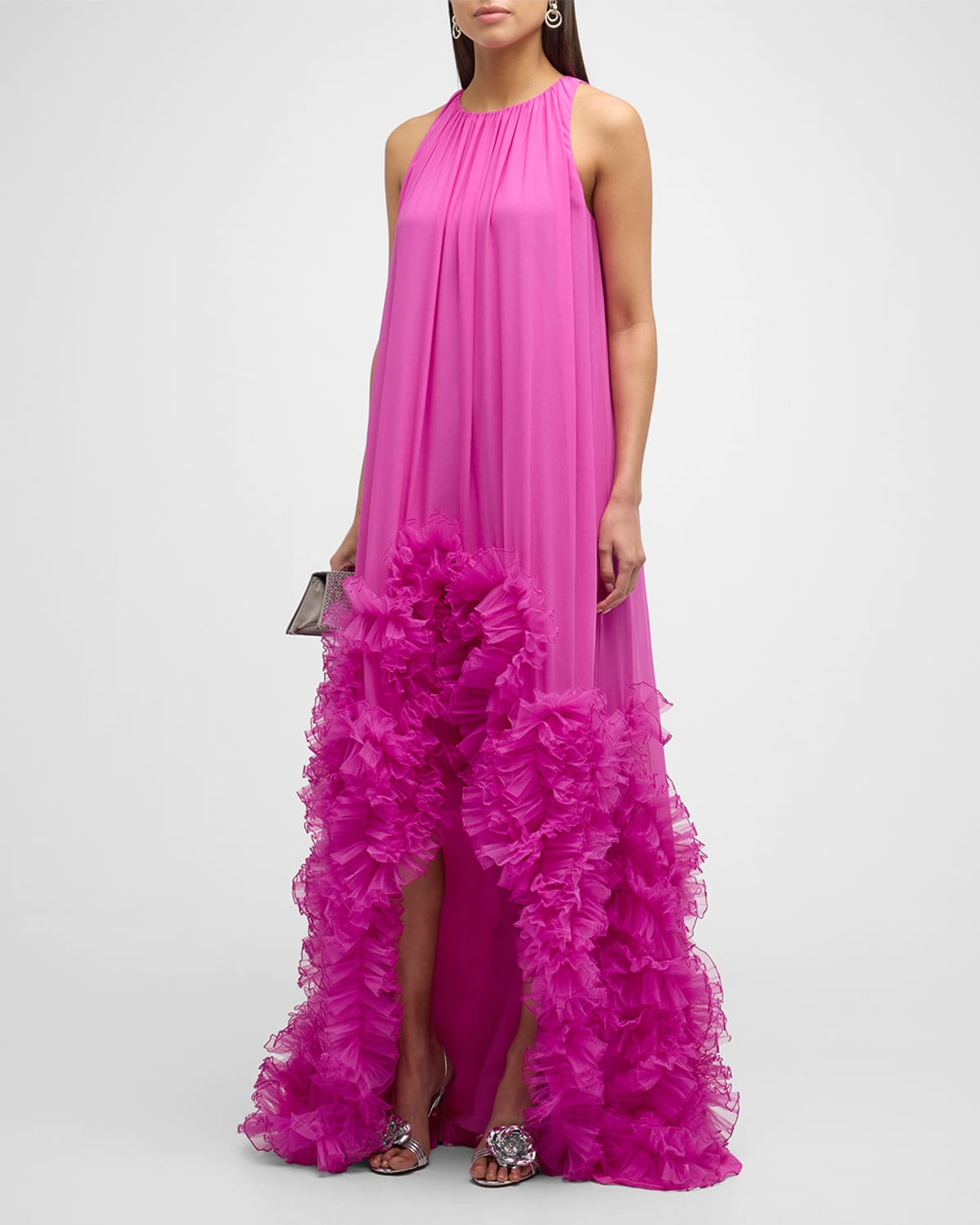 Shop Badgley Mischka High-low Ruffle-trim Trapeze Gown In Orchid
