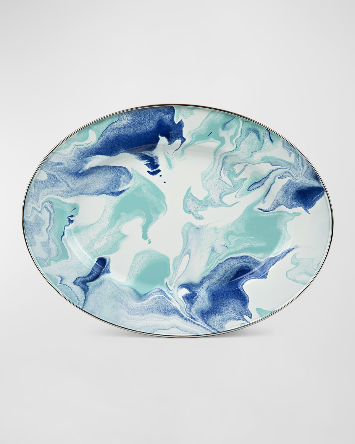 Shop Golden Rabbit Lagoon Oval Platter In Lagoon, Marbled, Blue, Teal, White