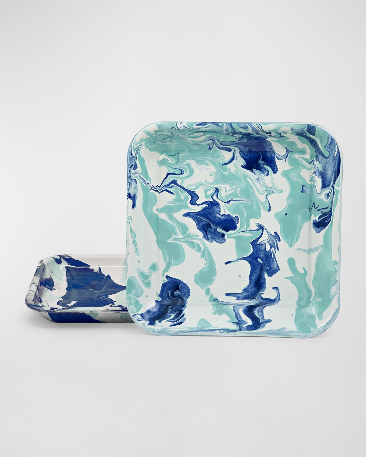 Shop Golden Rabbit Lagoon Square Trays, Set Of 2 In Lagoon, Marbled, Blue, Teal, White