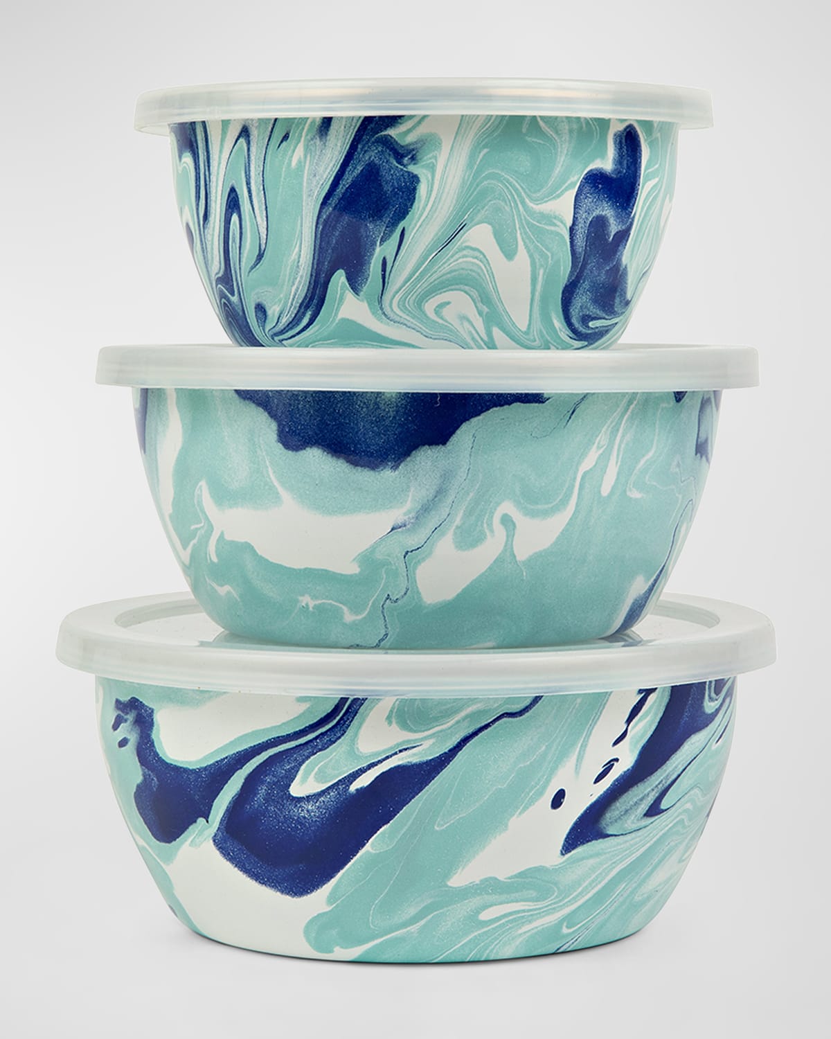 Shop Golden Rabbit Lagoon Nesting Bowls, Set Of 3 In Lagoon, Marbled, Blue, Teal, White