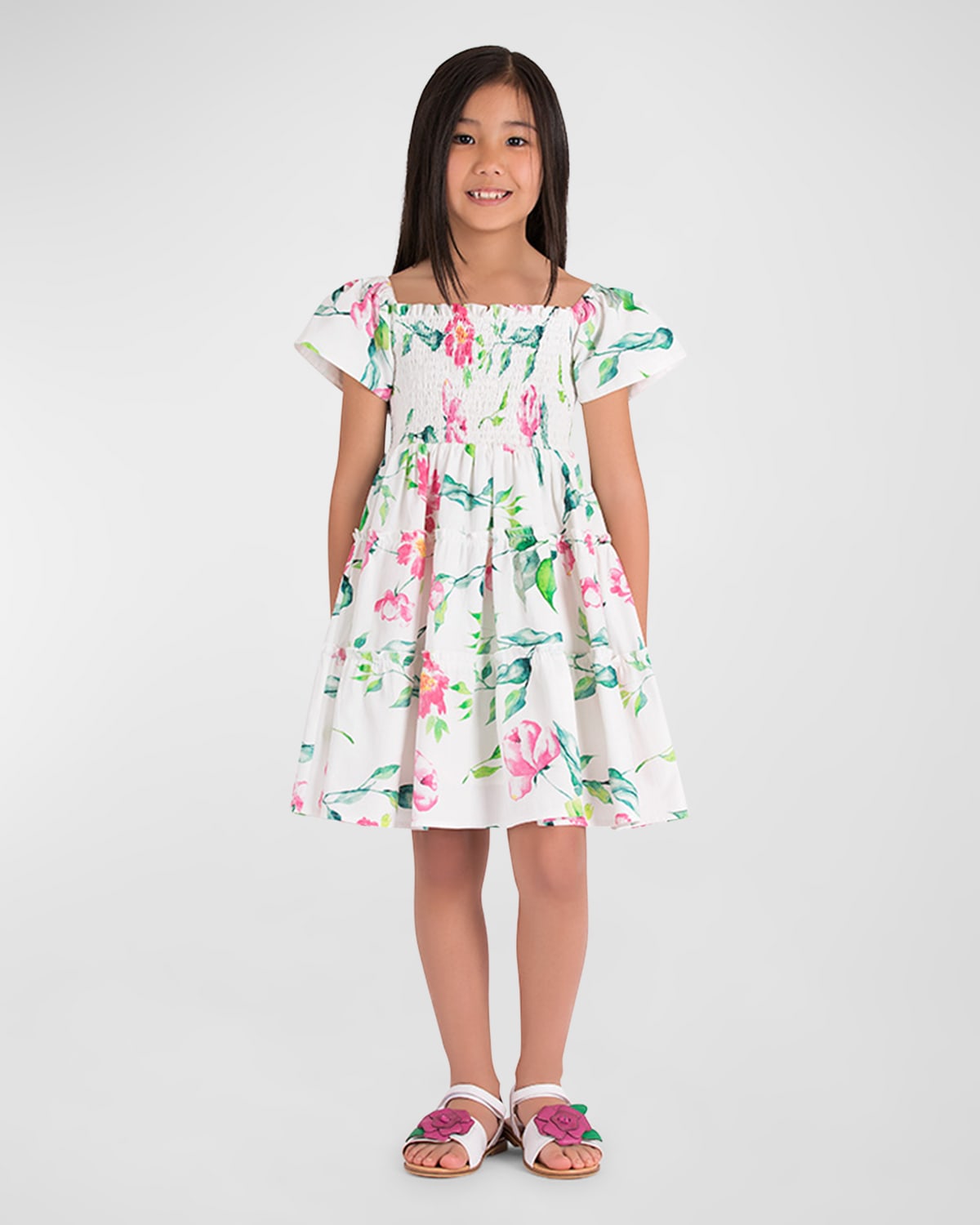 Mama Luma Kids' Girl's Floral Summer Smocked Cotton Mini Dress In White