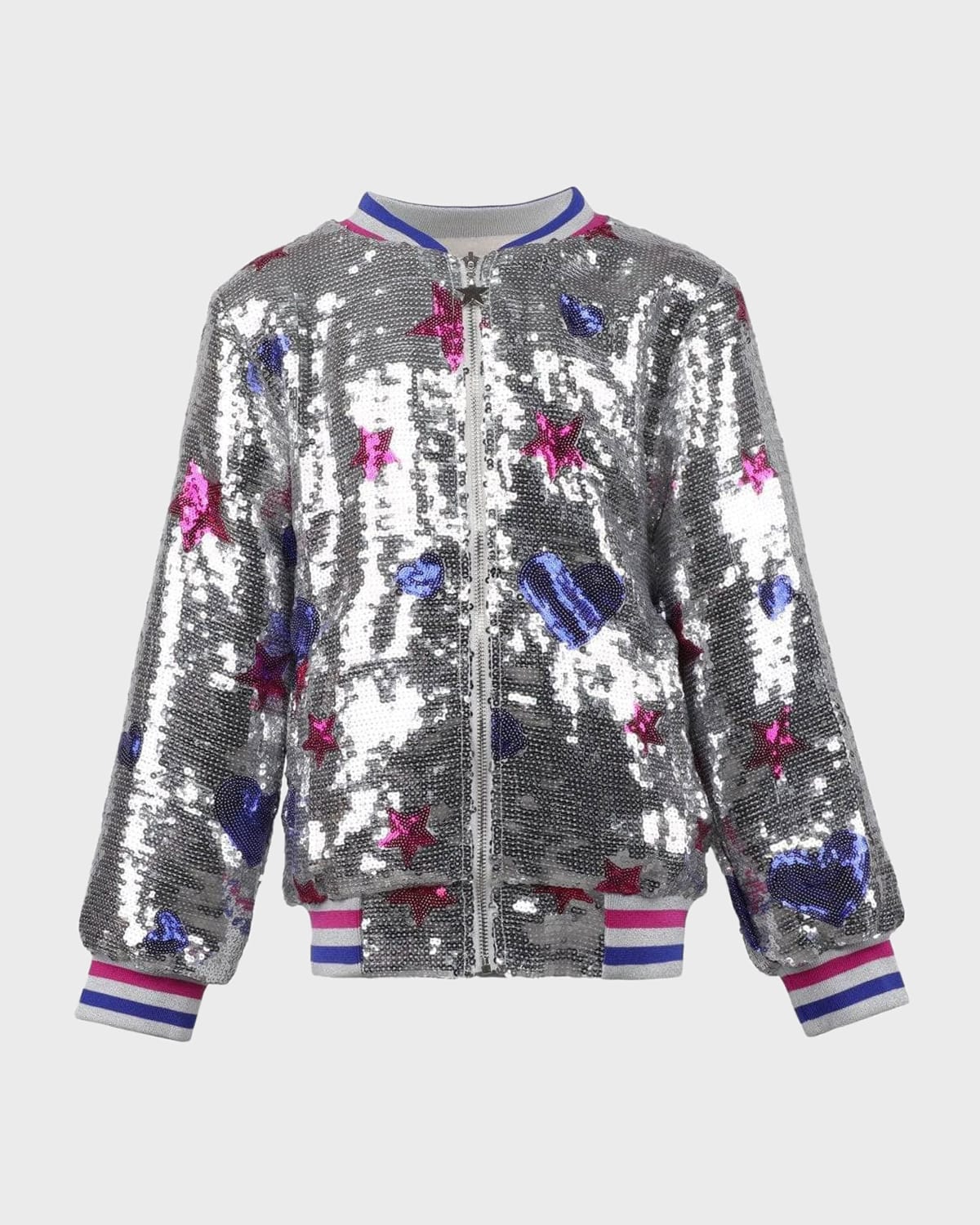 Girl's Silver Sequin Star Bomber Jacket, Size 2-14